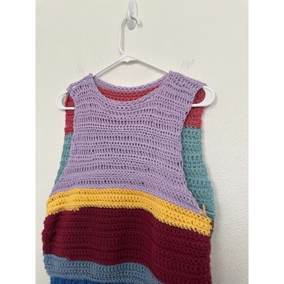 Handmade Colorblock Sweater Vest Sleeveless Crochet Blue Pink Boho Women Medium - Picture 4 of 5